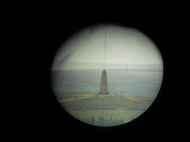 Captain Cooks monument viewed from Roseberry Topping through a Nikon NTD4 theodolite. Photo by gbrown, 29th Jul 2012